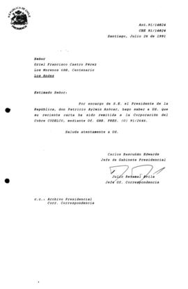 [Carta de respuesta por remisión de correspondencia enviada al Presidente, redirigiéndola  a la Corporación del Cobre CODELCO ]