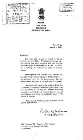 [Carta de Presidente de la India dirigida a Presidente Aylwin informando postergación de visita]