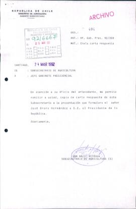 [Oficio del Subsecretario de Agricultura dirigido al Jefe de Gabinete Presidencial, referente a situación de habitantes del Valle Quinquén]