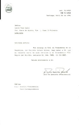 [Carta de respuesta por remisión de correspondencia enviada al Presidente, redirigiéndola a la Intendencia VIII Región del Bio-Bio]