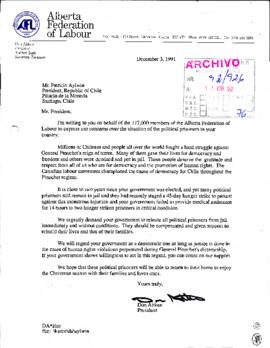 [Carta enviada por el Sr. Don Aitken Canadá sobre situación de presos políticos en Chile]