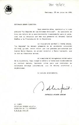 [Carta de saludo del Presidente Aylwin dirigida al Diario "La Segunda" por sesagéximo aniversario]