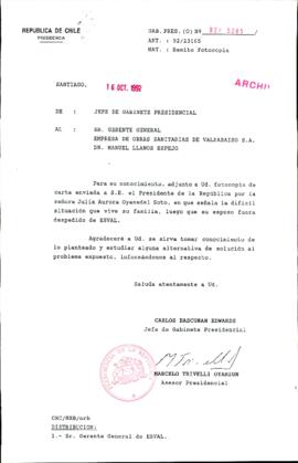 [Carta del Jefe de Gabinete de la Presidencia a Gerente General de Empresa de Obras Sanitarias de Valparaíso S.A.]