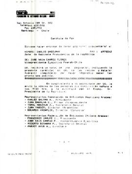 Carátula de Fax, del sr. José Nain Campos Flores, Vicepresidente Ejecutivo Fearab-Chile, dirigido al sr. Carlos Bascuñán, Jefe de Gabinete Presidencia de la República