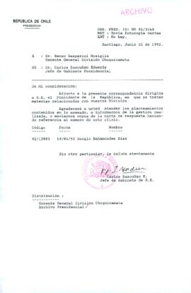 [Carta del Jefe de Gabinete de la Presidencia a Gerente General CODELCO División Chuquicamata]