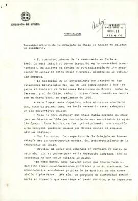 [Memorandum sobre restablecimiento de la Embajada de Chile en Atenas]
