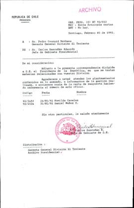 [Carta de Jefe de Gabinete de la Presidencia a Gerente General CODELCO División El Teniente]
