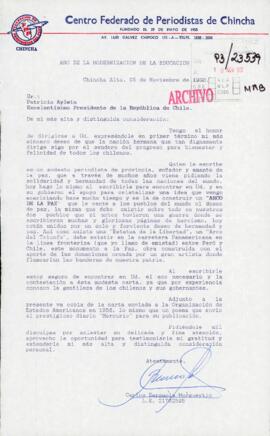 [Carta de solicitud del Centro Federado de Periodistas de Chinca, Perú, dirigida al Presidente Pa...