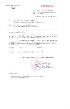 [Oficio  Gab. Pres. Ord. N° 0967 de Jefe de Gabinete Presidencial, remite copia de carta que se indica]