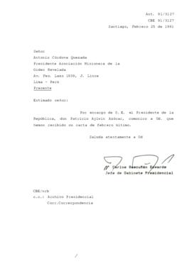 [Carta de respuesta acusando recibo de correspondencia enviada por ciudadano desde Perú]