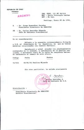 [Carta del Jefe de Gabinete de la Presidencia al Presidente de Directorio de SERCOTEC]