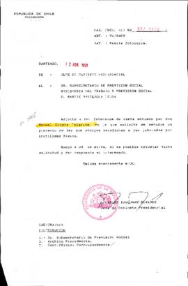 [Envío de fotocopias cartas a Sr. Subsecretario de Previsión Social Ministerio del Trabajo y Previsión Social D. Martín Manterola Urzua]