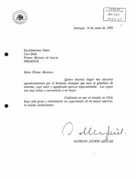 [Carta de agradecimiento dirigida a Primer Ministro de Suecia]