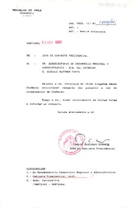 [Carta de Jefe de Gabinete a Subsecretario de Desarrollo Regional remitiendo Telex solicitando respaldar Ley de compensación Chañaral]