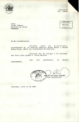[Carta de Carlos Bascuñan al Ministro de Salud por tratamiento de diálisis]