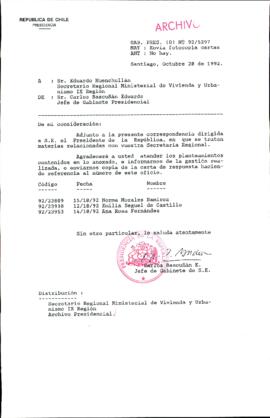 [Carta del Jefe de Gabinete de la Presidencia a SEREMI de Vivienda IX Región]