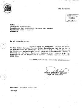 [Carta dirigida a Guillermo Piedrabuena Presidente Consejo de Defensa remitiendo Oficio Nº 2755-91 sobre recurso de protección]