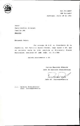 [Carta de respuesta enviada al Sr. Carlos Monfiel remitiendo su carta al Ministerio de Bienes Nacionales]