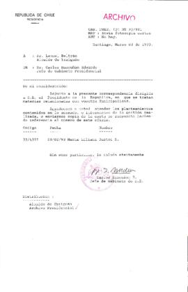 [Oficio  Gab. Pres. Ord. N° 0981 de Jefe de Gabinete Presidencial, remite copia de carta que se indica]