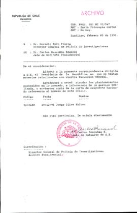 [Carta de Jefe de Gabinete de la Presidencia a Director General de Policía de Investigaciones]