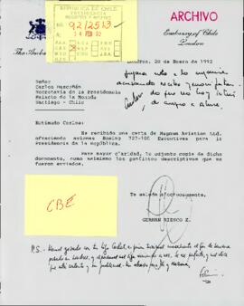 [Carta del Embajador de Chile en Londres, Sr. Germán Riesco, dirigida al Jefe de Gabinete Presidencial]