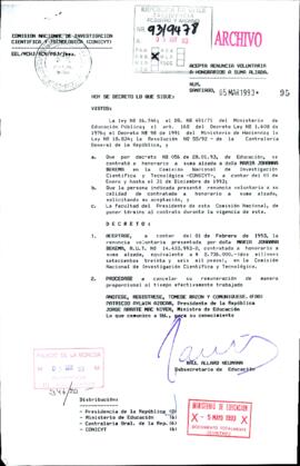 [Decreto N° 95 del Ministerio de Educación en que acepta renuncia voluntaria de funcionario de CONICYT]