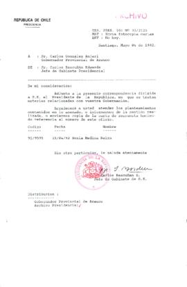 [Carta del Jefe de Gabinete de la Presidencia a Gobernador Provincial de Arauco]