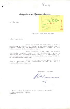 Carta del Embajador de la República Argentina, sr. Antonio F. Cafiero, dirigida al Excmo. señor Presidente de la República de Chile D. Patricio Aylwin Azócar