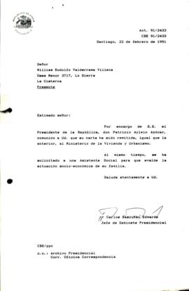 [Carta de respuesta por remisión de correspondencia enviada al Presidente, dirigiéndola al Ministerio de Vivienda y Urbanismo]