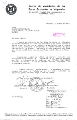 [Carta del Cuerpo de Voluntarios de los Botes de Salvavidas de Valparaíso para una solicitud de ayuda económica]