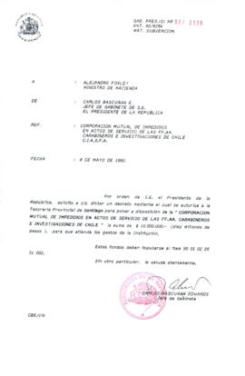 [Sobre subvención Corporación Mutual de Impedidos en Actos de Servicio de las FF.AA. Carabineros e Investigaciones de Chile]