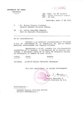 [Carta del Jefe de Gabinete de la Presidencia a Gerente General CODELCO División Andina]