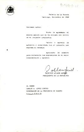 [Carta de Presidente Aylwin dirigida a Gobernador de Provincia de Huasco]