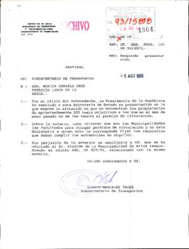 [Carta de respuesta del Subsecretario de Transportes referente a permisos de circulación de taxis...