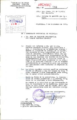 [Mensaje del Gobernador Provincial de Melipilla dirigido al Jefe de Gabinete Presidencial, referente a solicitud laboral]