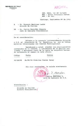 [Carta del Jefe de Gabinete de la Presidencia a Alcalde de Chillán]