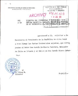 [Carta del Ministerio de Relaciones Exteriores, solicita al Sr. Presidente firmar documentos relativos a embajadores de Chile en el Extranjero]