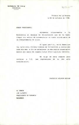 [Carta de S.E El Presidente de la República a Presidente de Rumania]