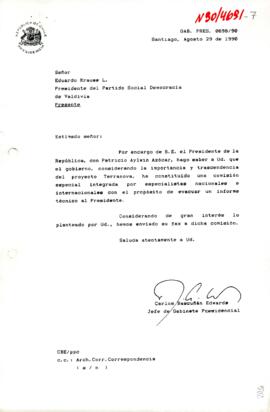 [Carta informando al Presidente del Partido Social Democracia la consideración del Presidente respecto el "Proyecto Terranova" y el envio de su fax a la comomision encargada].