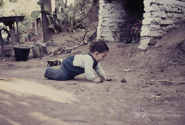 Niño pequeño gateando en el exterior de una casa