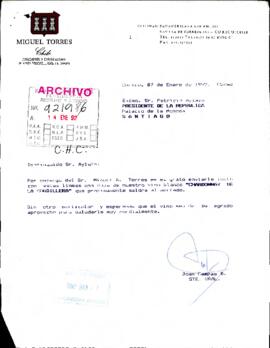 [Carta del Gerente Sociedad Vinícola Miguel Torres S.A. dirigida al Presidente Patricio Aylwin]