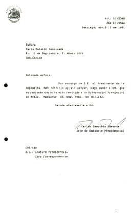 Carta remitida a la Gobernación Provincial de Ruble, mediante Oí. GAB. PRES. <0) 91/1142.