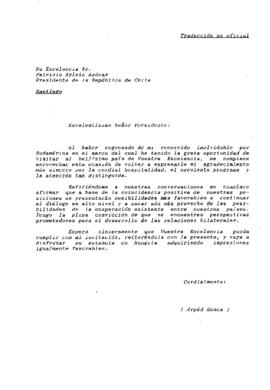 [Traducción no oficial de carta de Presidente Árpád Göncz  de Hungría dirigida a Presidente Aylwin]