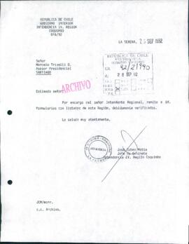 [Mensaje del Gabinete de la Intendencia de la Región de Coquimbo dirigido al Asesor Presidencial, Sr. Marcelo Trivelli]