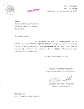 [Carta de agradecimiento del Jefe de Gabinete Presidencial por envío del libro "Pichilemu, mis fuentes de información"]