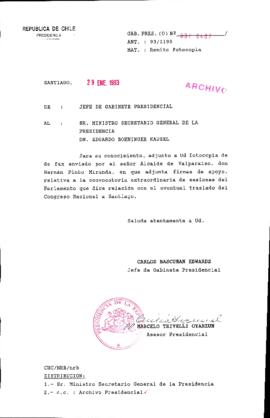 [Oficio del Jefe de Gabinete Presidencial dirigido al Ministro Secretario General de la Presidencial, mediante el cual adjunta fax enviado por el Alcalde de Valparaíso]