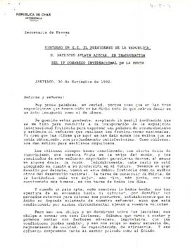 Discurso de S.E. El Presidente de la República, D. Patricio Aylwin Azócar, en Inauguración del IV Congreso Internacional de la Fruta