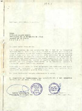 [Carta: petición de visita de S . E El Presidente de la República  a sindicato nº 1 y nº 2 de tex...