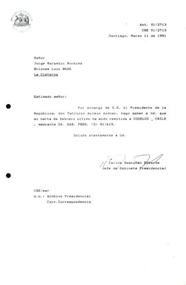 [Carta de respuesta por remisión de correspondencia enviada al Presidente, redirigiéndola a CQDELCO CHILE ]