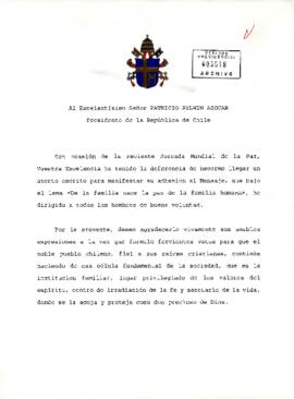 [Carta de Joannes Paulus dirigida al Presidente Patricio Aylwin Azócar]